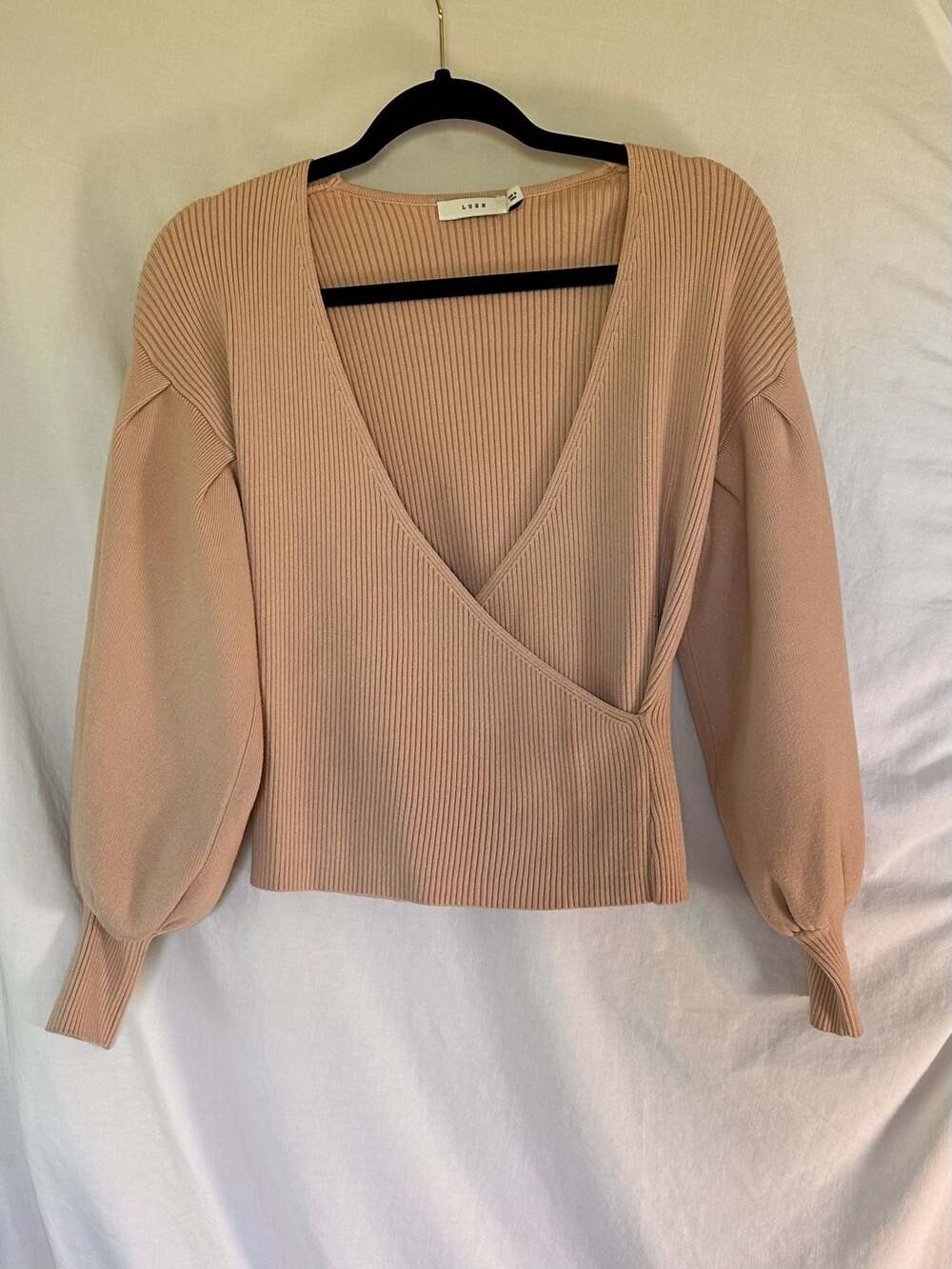 LUSH Ribbed Knit Wrap Sweater in Taupe with Balloon Sleeves